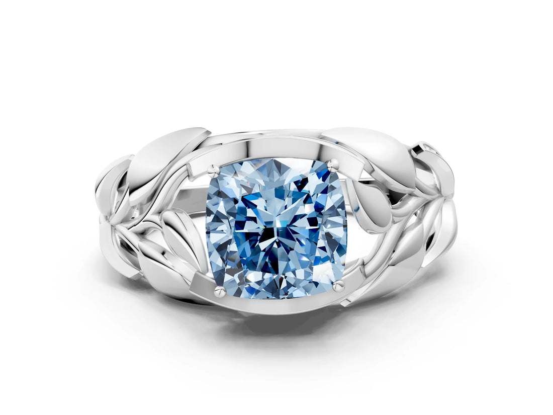 White gold Fancy Blue Cushion Cut Solitaire Leaf-Inspired Engagement Ring with Prong Setting_12