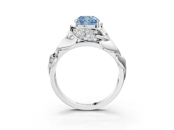 White Gold Cushion Cut Pave Leaf Bypass Engagement Ring Setting for Fancy Blue Center