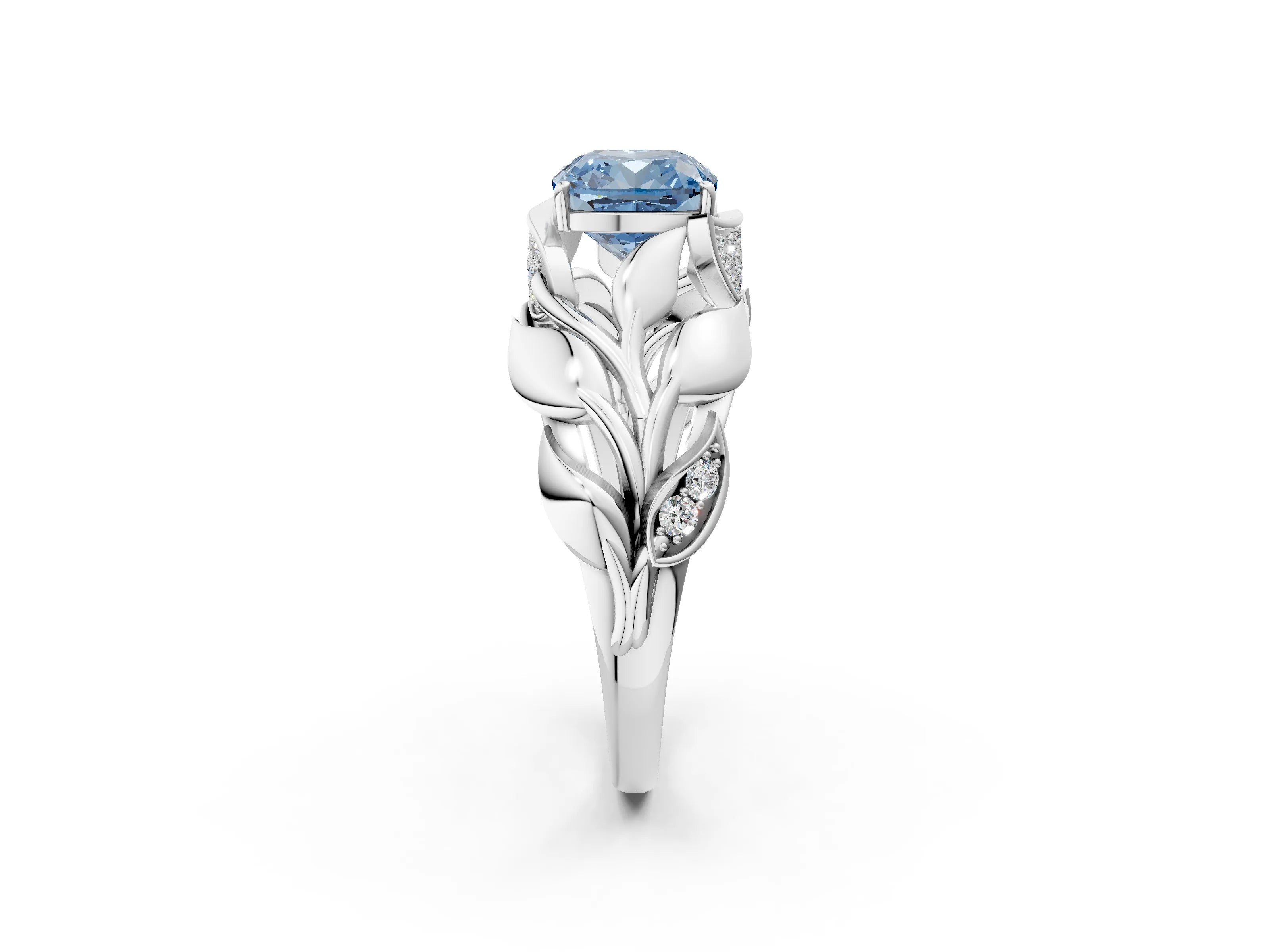 White gold Fancy Blue Cushion Cut Solitaire Leaf-Inspired Engagement Ring with Prong Setting_2