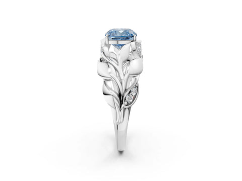 White gold Fancy Blue Cushion Cut Solitaire Leaf-Inspired Engagement Ring with Prong Setting_2