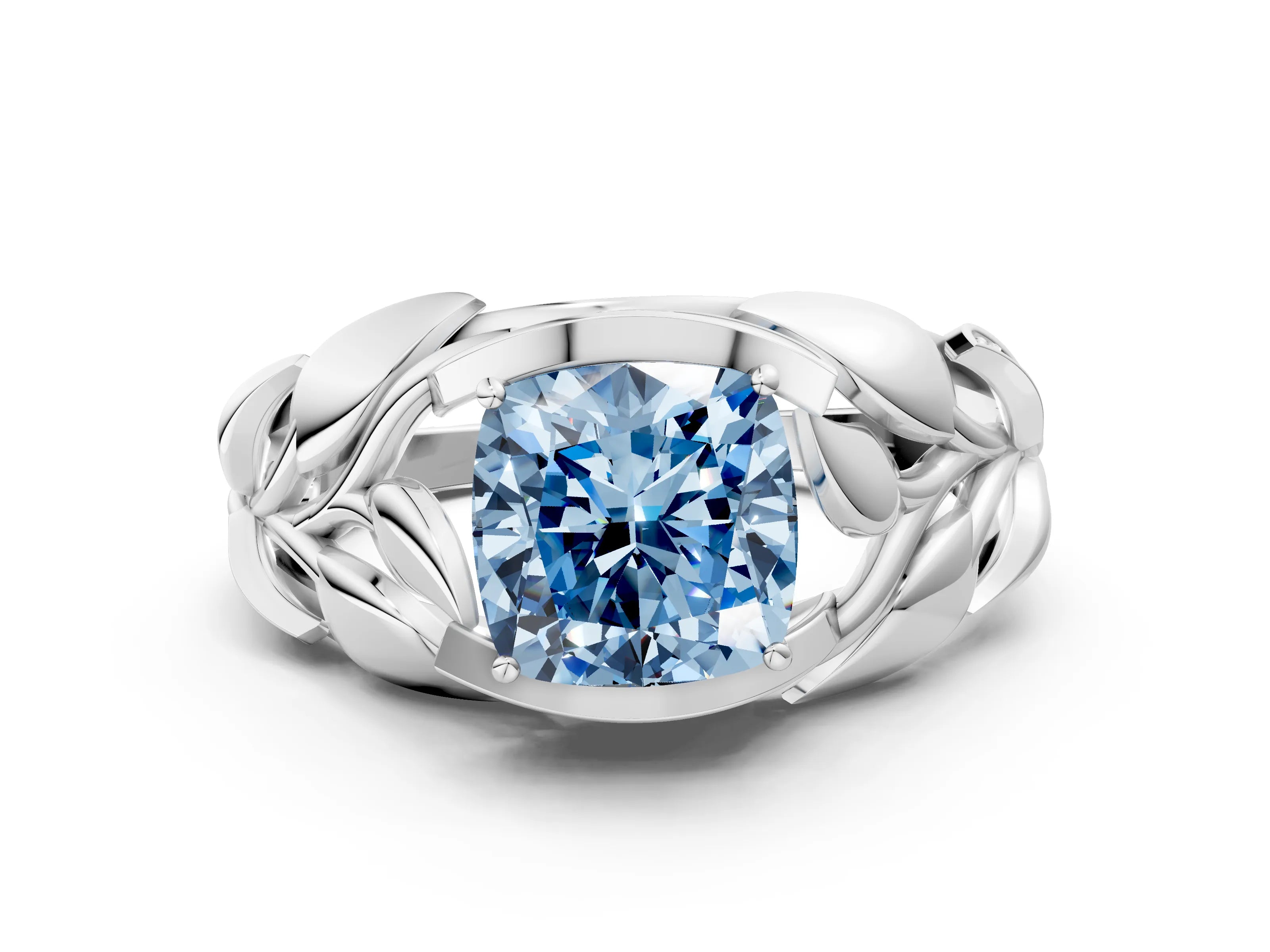 White gold Fancy Blue Cushion Cut Solitaire Leaf-Inspired Engagement Ring with Prong Setting