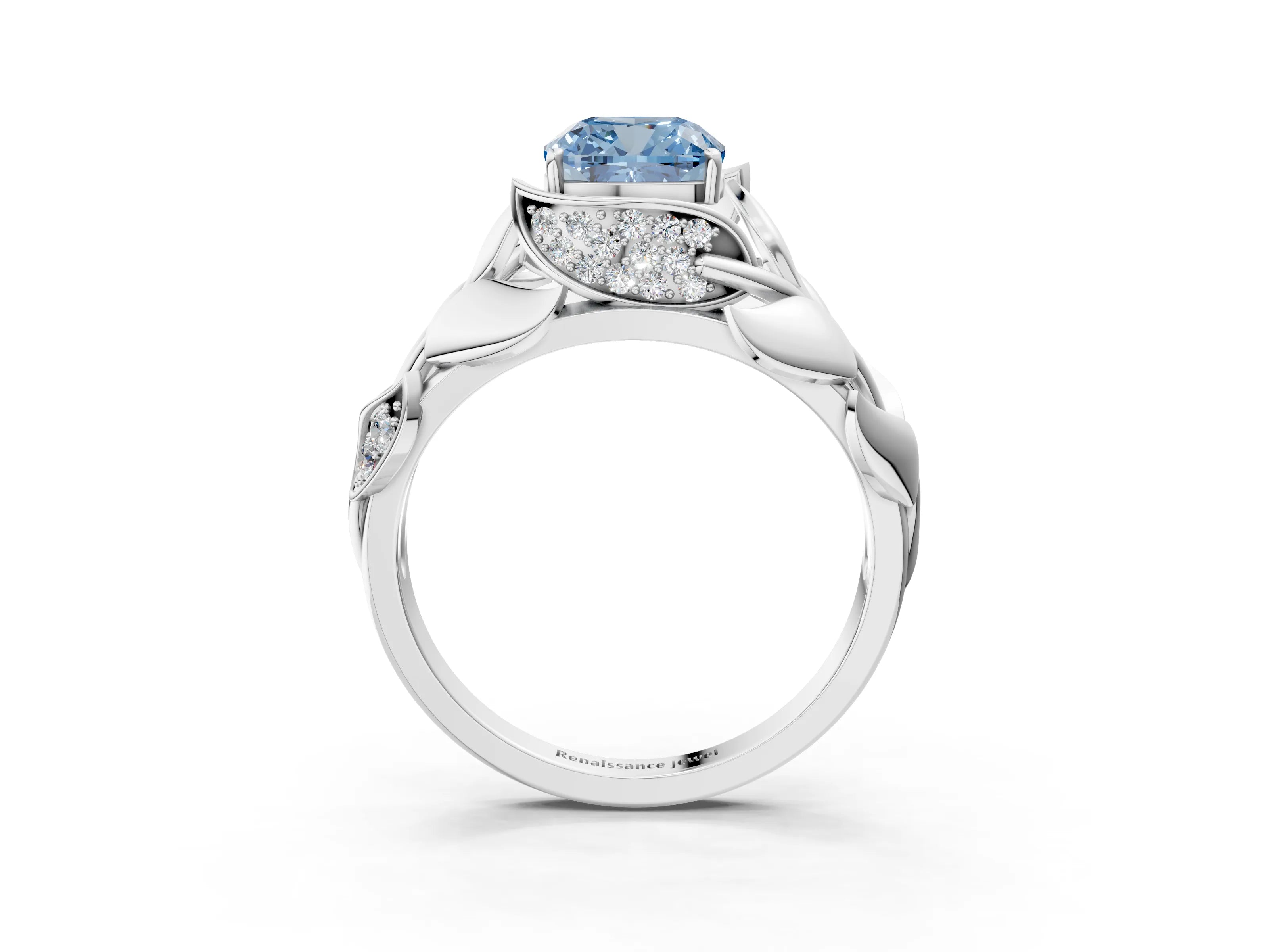 White gold Fancy Blue Cushion Cut Solitaire Leaf-Inspired Engagement Ring with Prong Setting_3