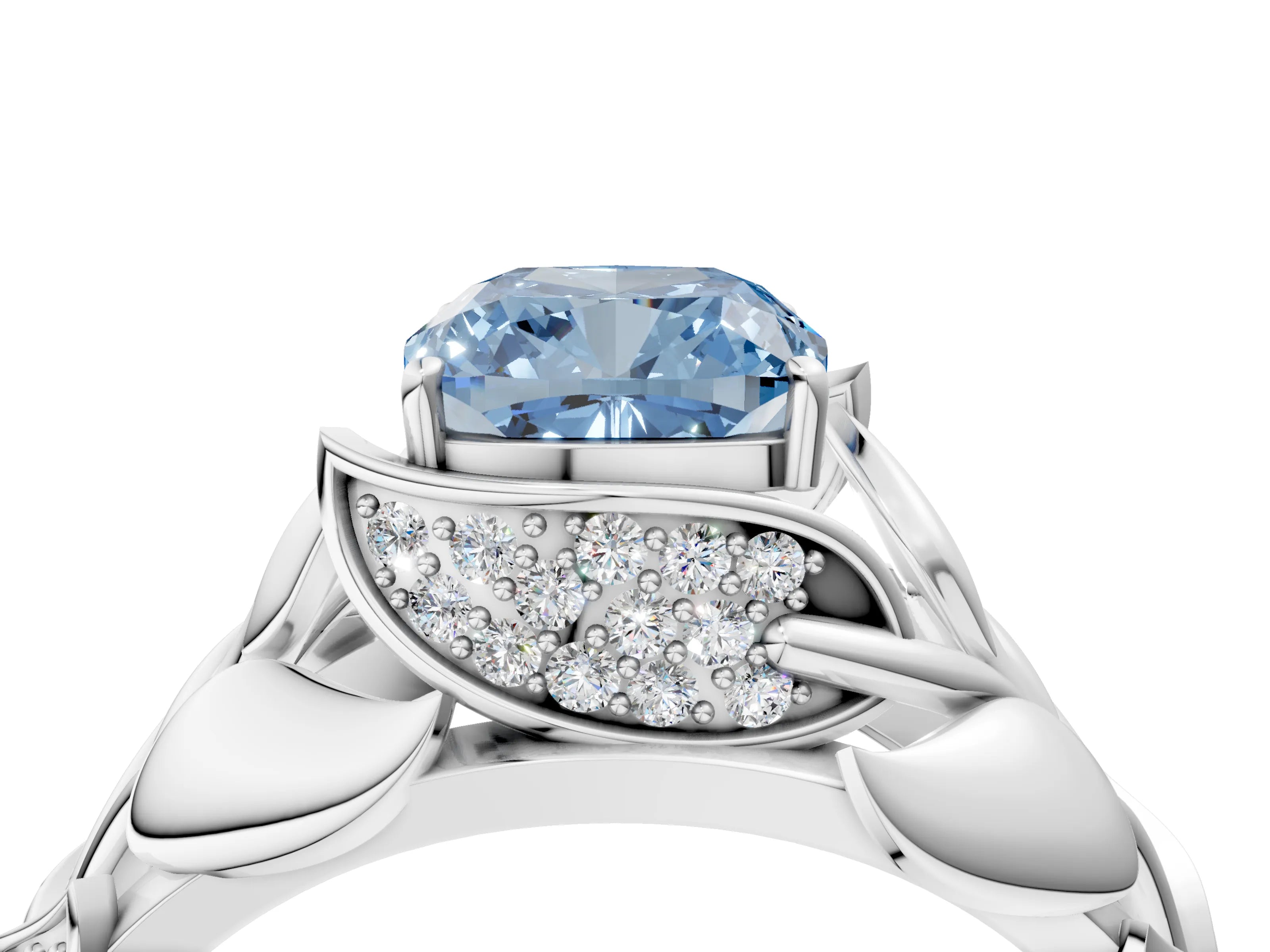 White gold Fancy Blue Cushion Cut Solitaire Leaf-Inspired Engagement Ring with Prong Setting_4