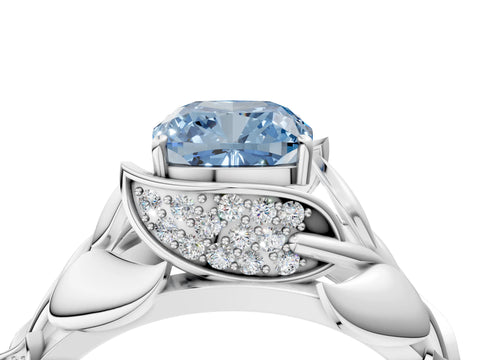 White gold Fancy Blue Cushion Cut Solitaire Leaf-Inspired Engagement Ring with Prong Setting_4