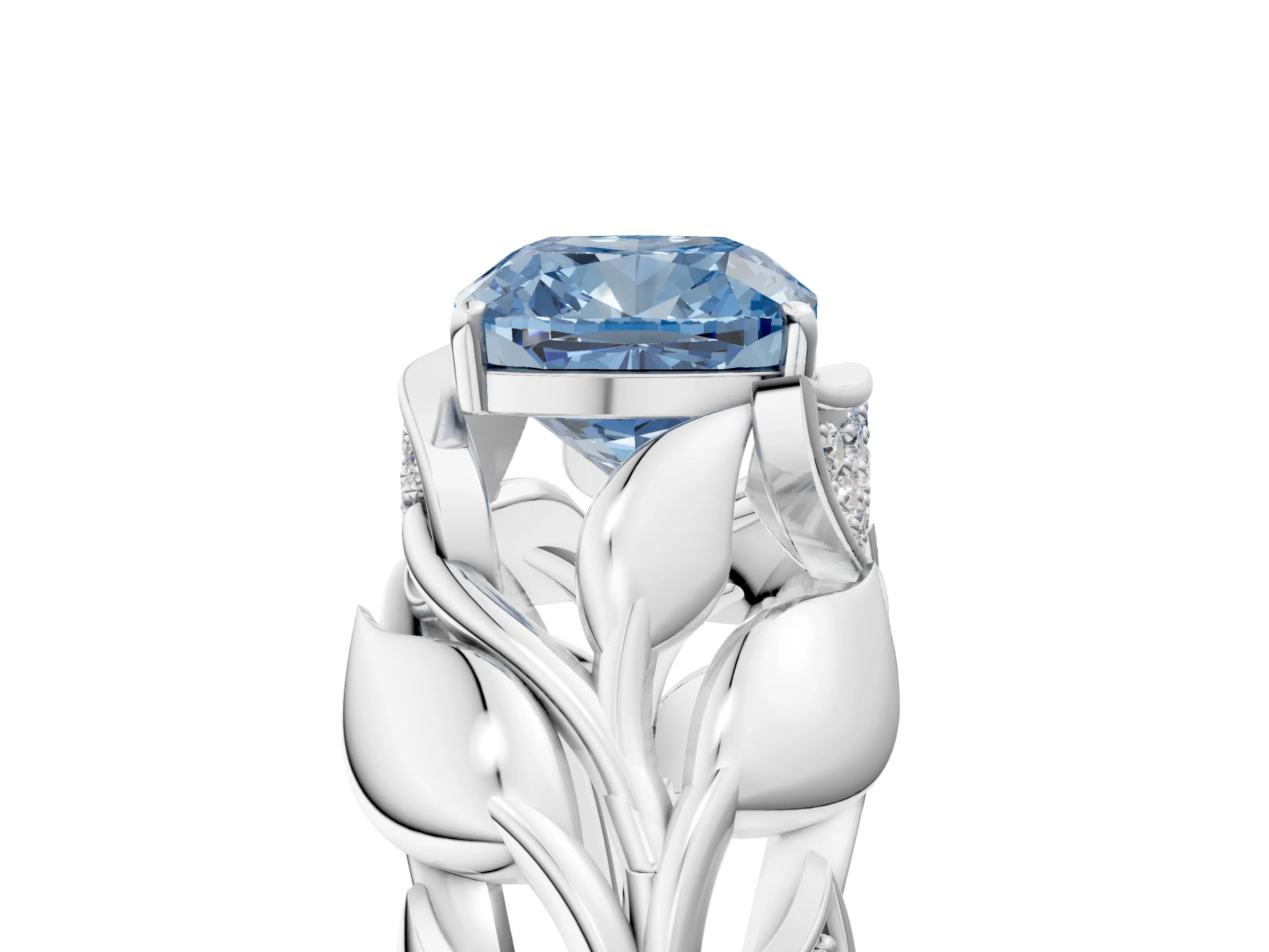 White gold Fancy Blue Cushion Cut Solitaire Leaf-Inspired Engagement Ring with Prong Setting_5