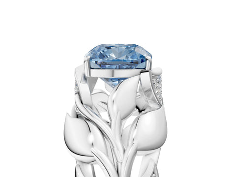 White gold Fancy Blue Cushion Cut Solitaire Leaf-Inspired Engagement Ring with Prong Setting_5