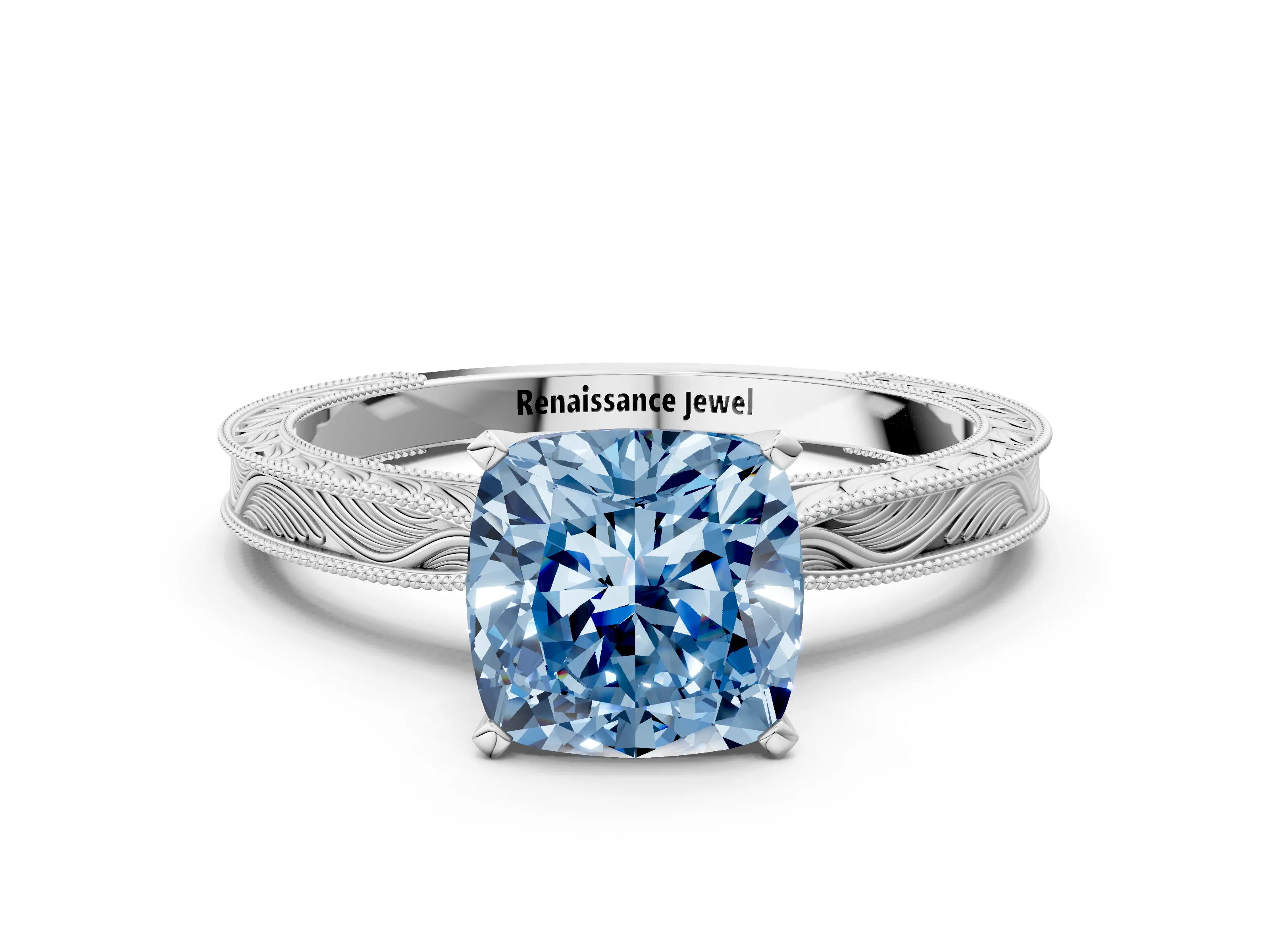 White gold Fancy Blue Cushion Cut Solitaire Milgrain Engraved Band with Four-Prong Setting_12