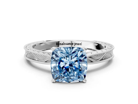 White gold Fancy Blue Cushion Cut Solitaire Milgrain Engraved Band with Four-Prong Setting_12