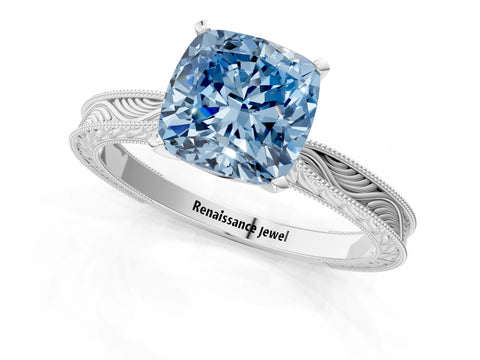 White gold Fancy Blue Cushion Cut Solitaire Milgrain Engraved Band with Four-Prong Setting_13