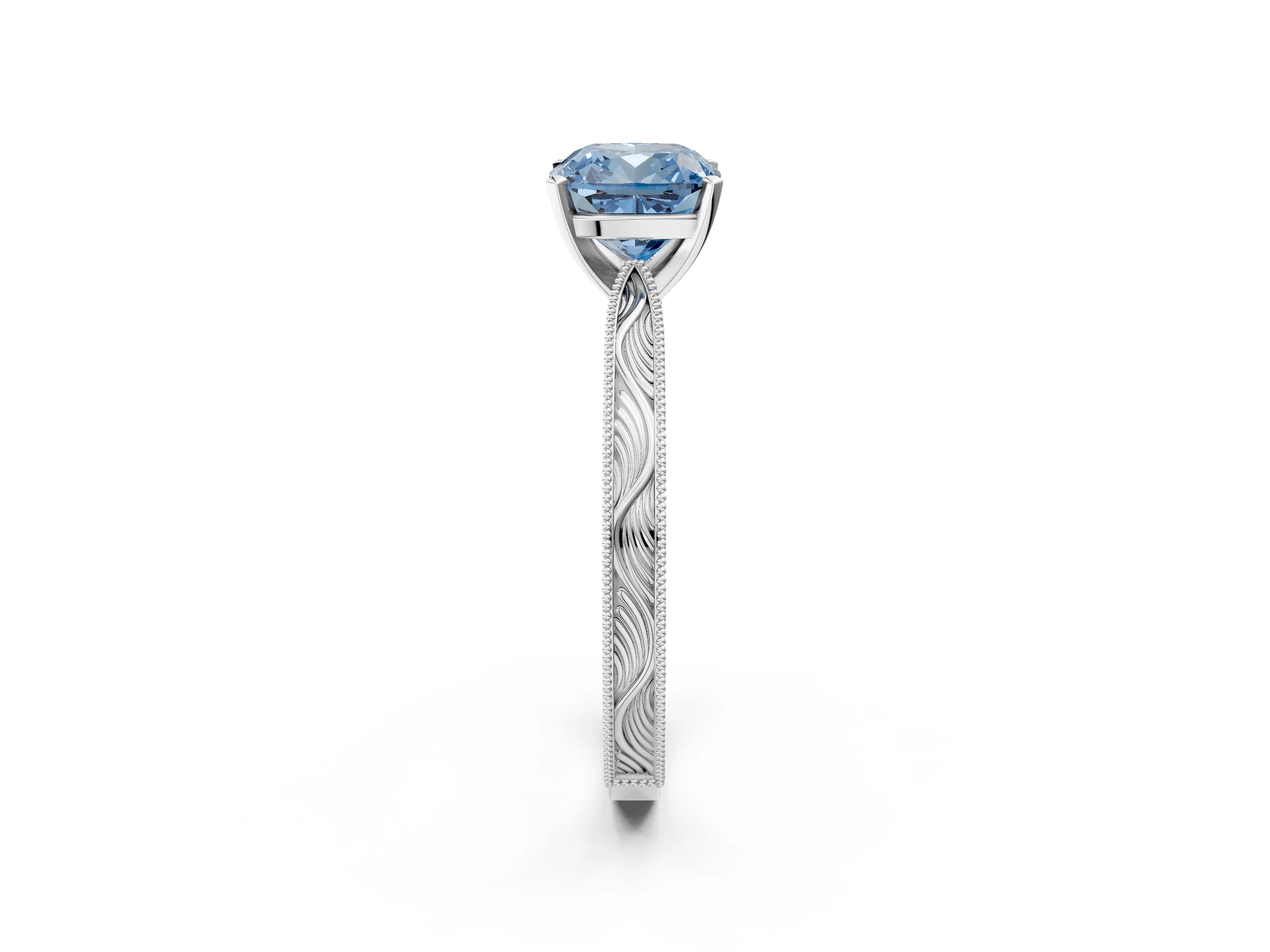 White gold Fancy Blue Cushion Cut Solitaire Milgrain Engraved Band with Four-Prong Setting_14
