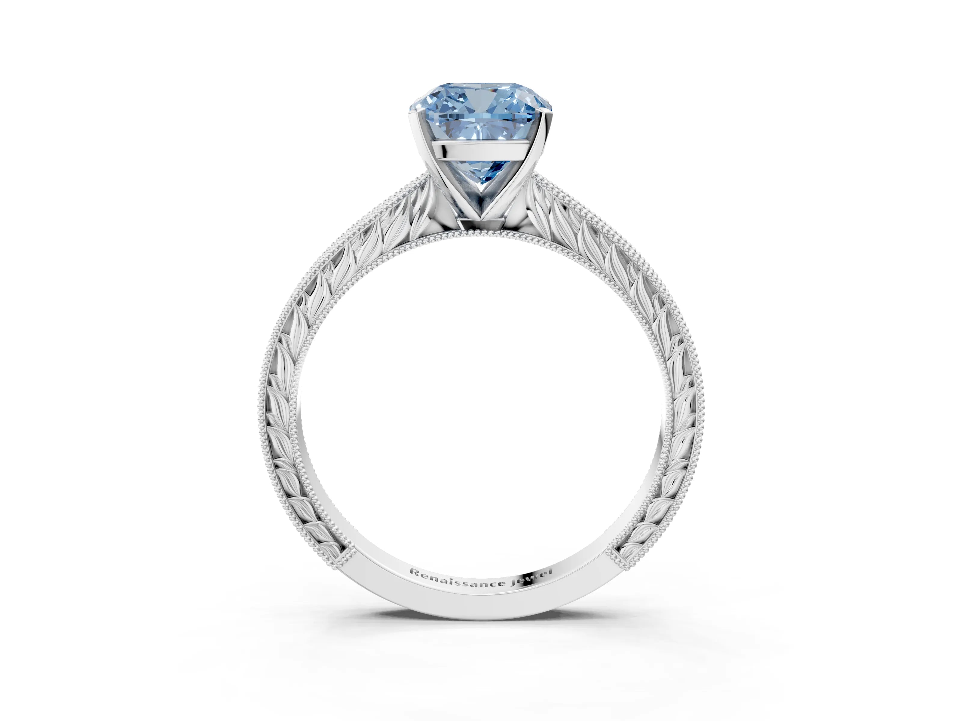White gold Fancy Blue Cushion Cut Solitaire Milgrain Engraved Band with Four-Prong Setting_15