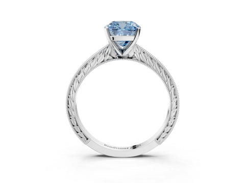 White gold Fancy Blue Cushion Cut Solitaire Milgrain Engraved Band with Four-Prong Setting_15
