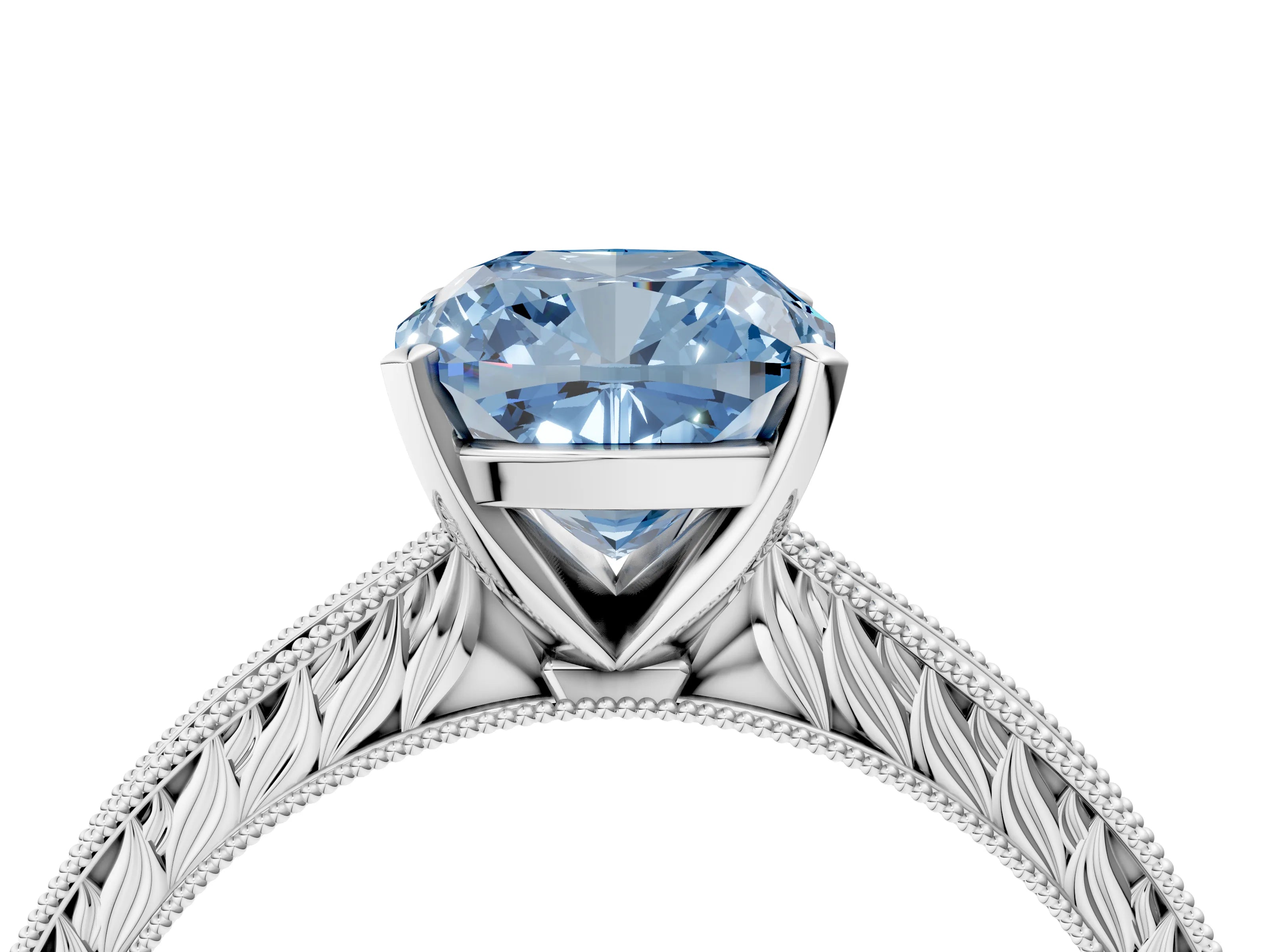 White gold Fancy Blue Cushion Cut Solitaire Milgrain Engraved Band with Four-Prong Setting_16