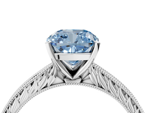 White gold Fancy Blue Cushion Cut Solitaire Milgrain Engraved Band with Four-Prong Setting_16