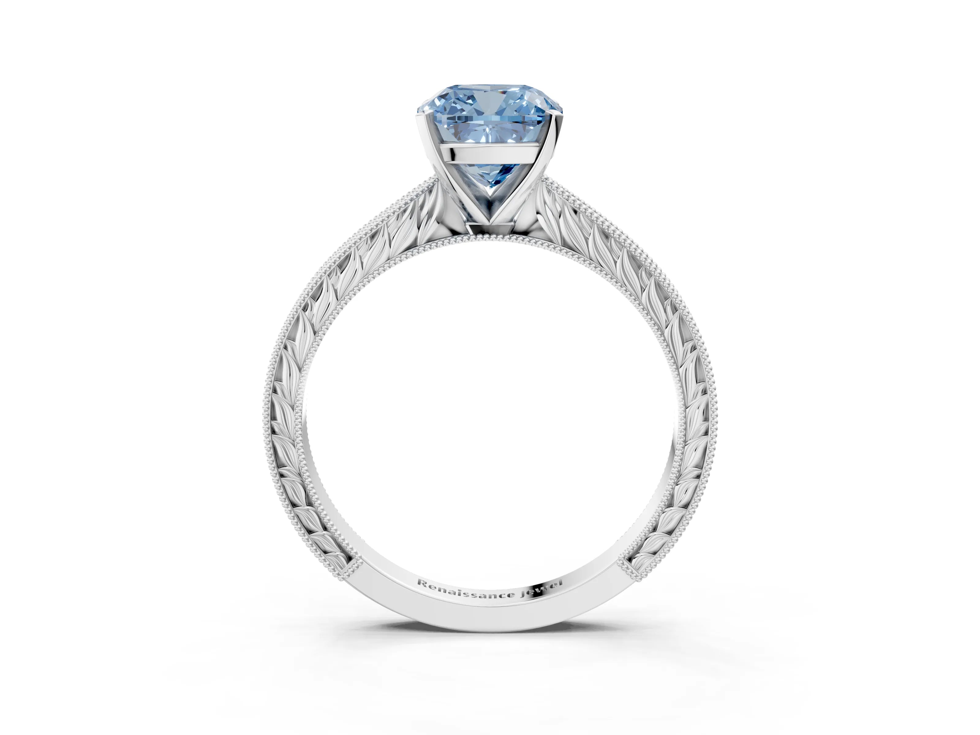 White gold Fancy Blue Cushion Cut Solitaire Milgrain Engraved Band with Four-Prong Setting_3