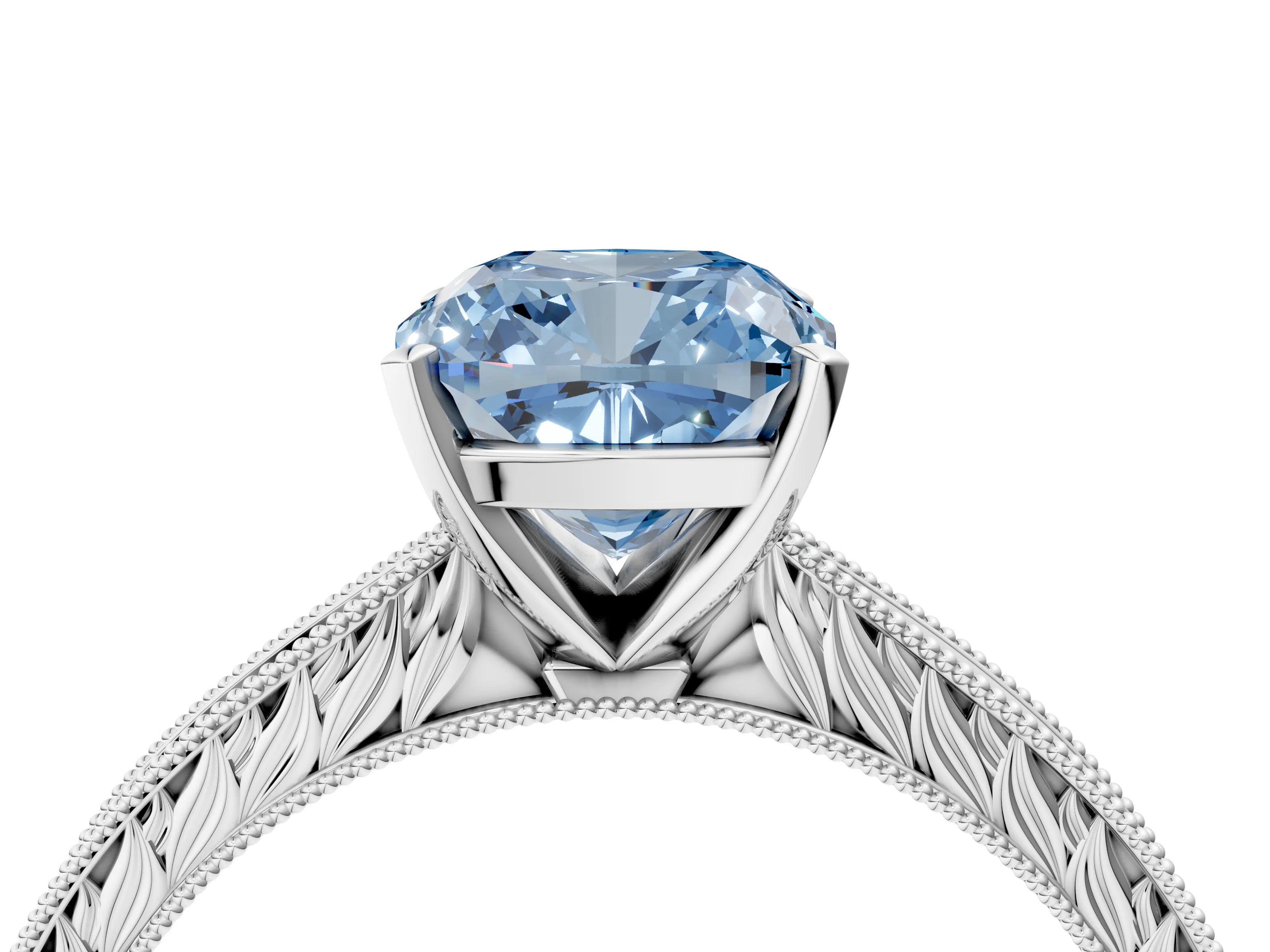 White gold Fancy Blue Cushion Cut Solitaire Milgrain Engraved Band with Four-Prong Setting_4