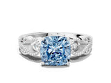 White gold Fancy Blue Cushion Cut Solitaire Milgrain Leaf Band with Prong Setting_12