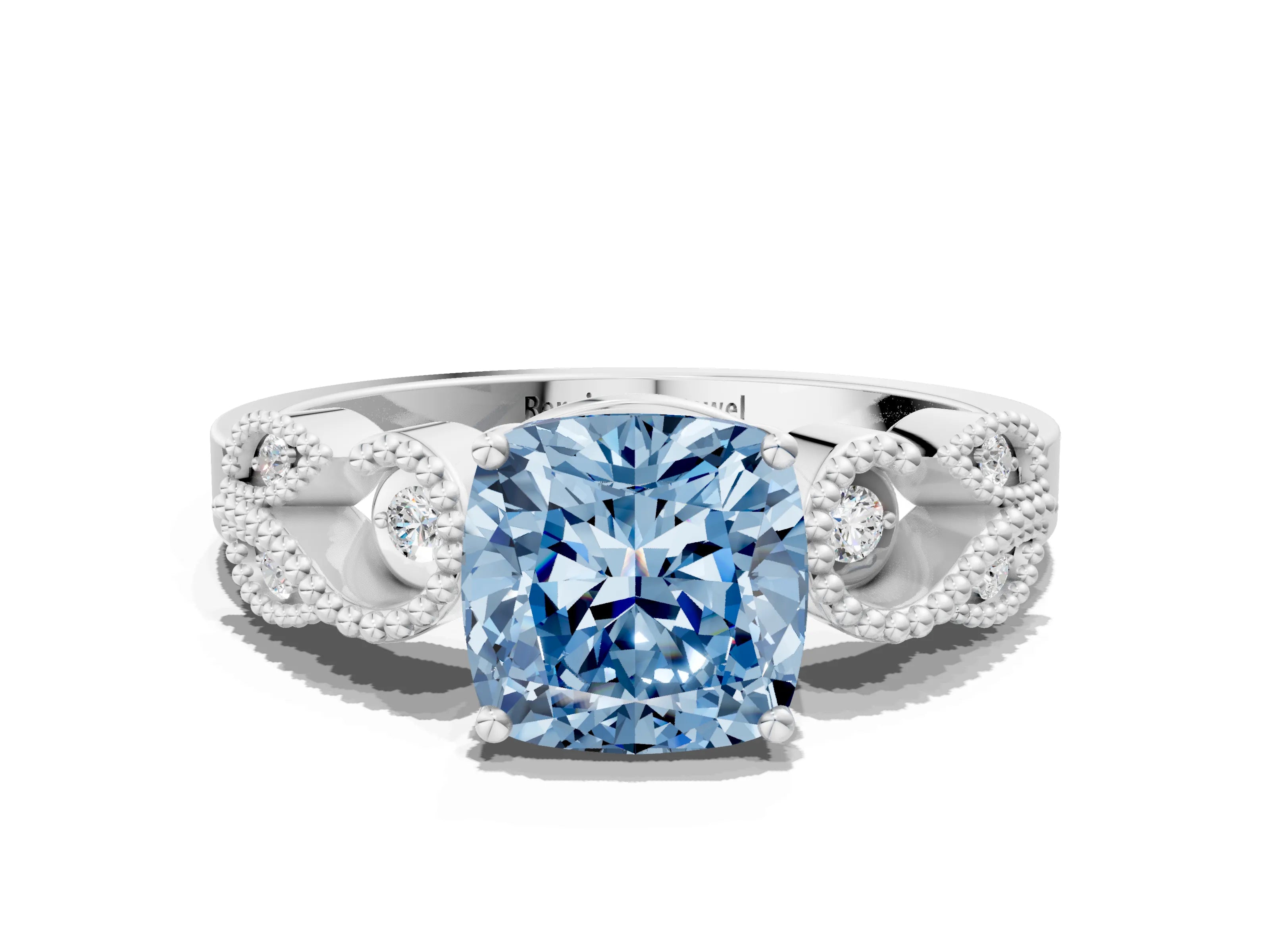 White gold Fancy Blue Cushion Cut Solitaire Milgrain Leaf Band with Prong Setting_12