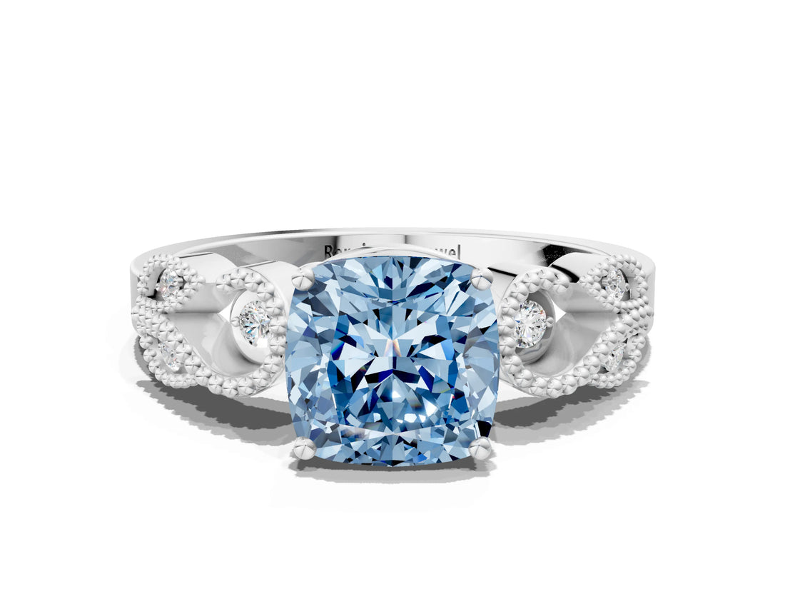 White gold Fancy Blue Cushion Cut Solitaire Milgrain Leaf Band with Prong Setting_12