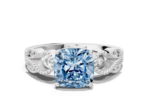 White gold Fancy Blue Cushion Cut Solitaire Milgrain Leaf Band with Prong Setting_12