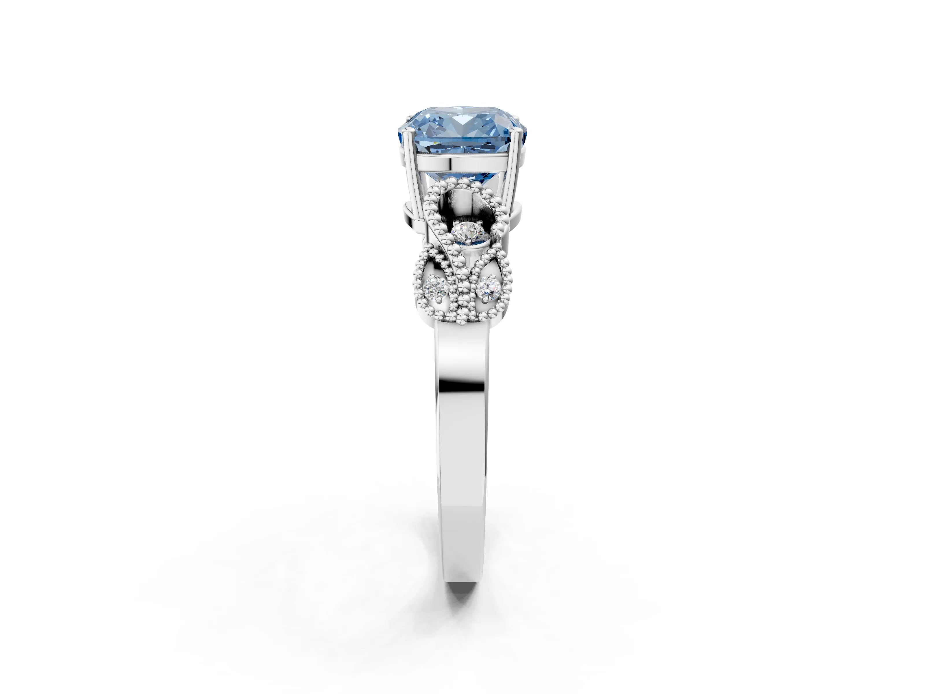 White gold Fancy Blue Cushion Cut Solitaire Milgrain Leaf Band with Prong Setting_14