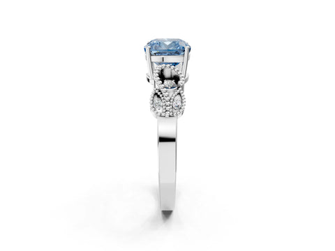 White gold Fancy Blue Cushion Cut Solitaire Milgrain Leaf Band with Prong Setting_14