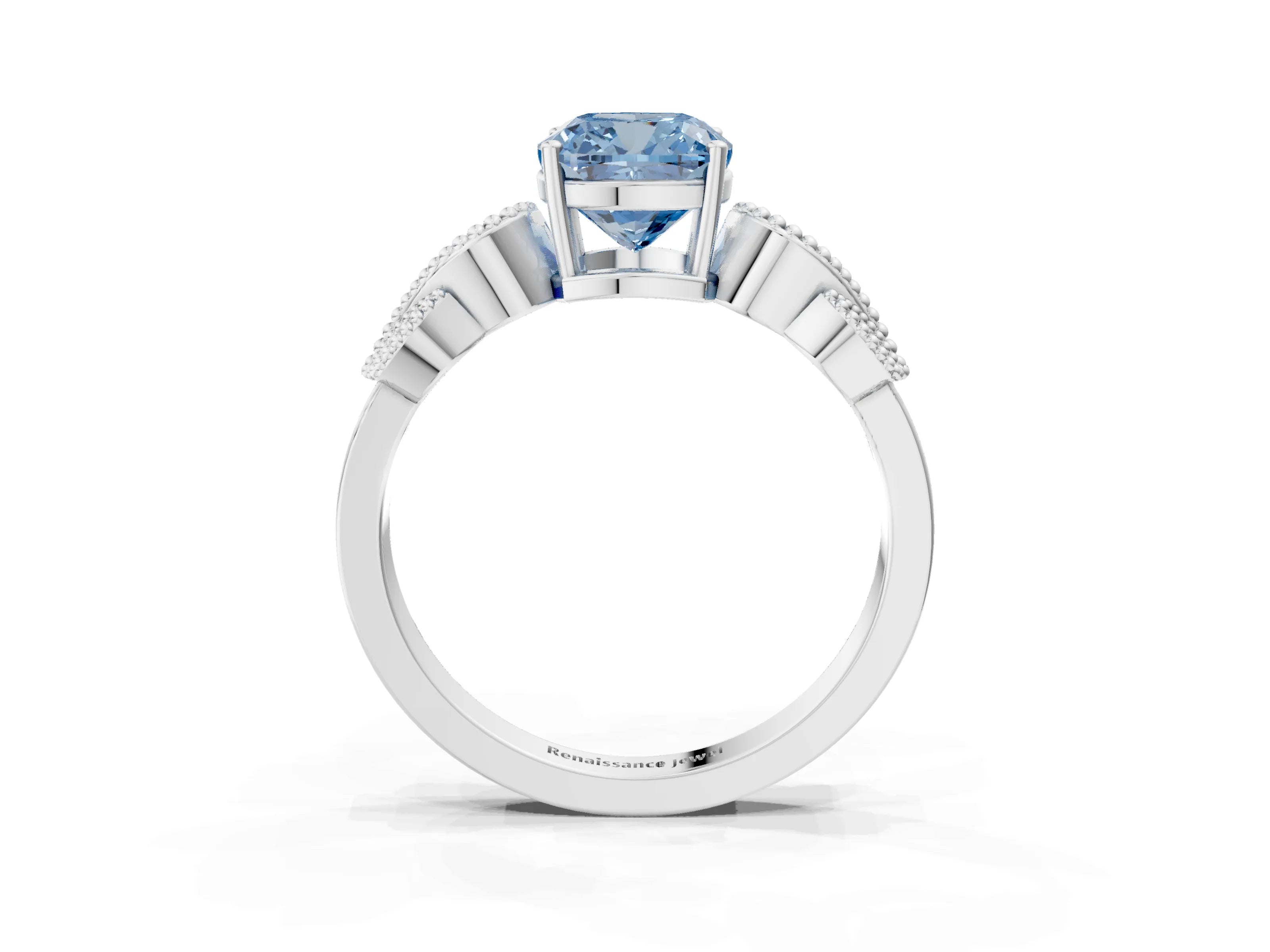 White gold Fancy Blue Cushion Cut Solitaire Milgrain Leaf Band with Prong Setting_15