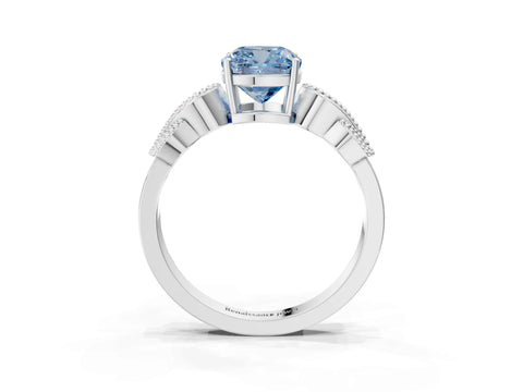 White gold Fancy Blue Cushion Cut Solitaire Milgrain Leaf Band with Prong Setting_15