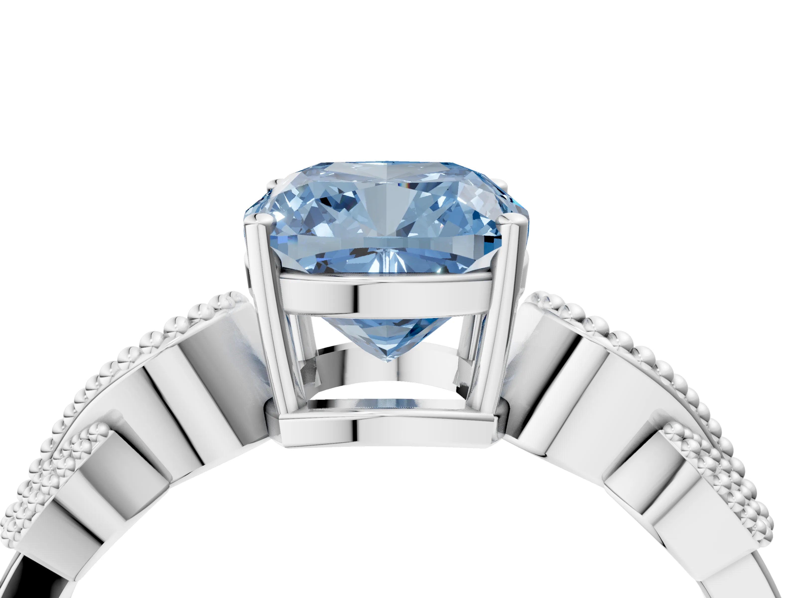 White gold Fancy Blue Cushion Cut Solitaire Milgrain Leaf Band with Prong Setting_16