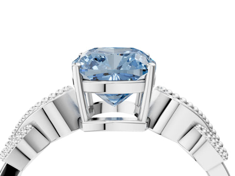 White gold Fancy Blue Cushion Cut Solitaire Milgrain Leaf Band with Prong Setting_16