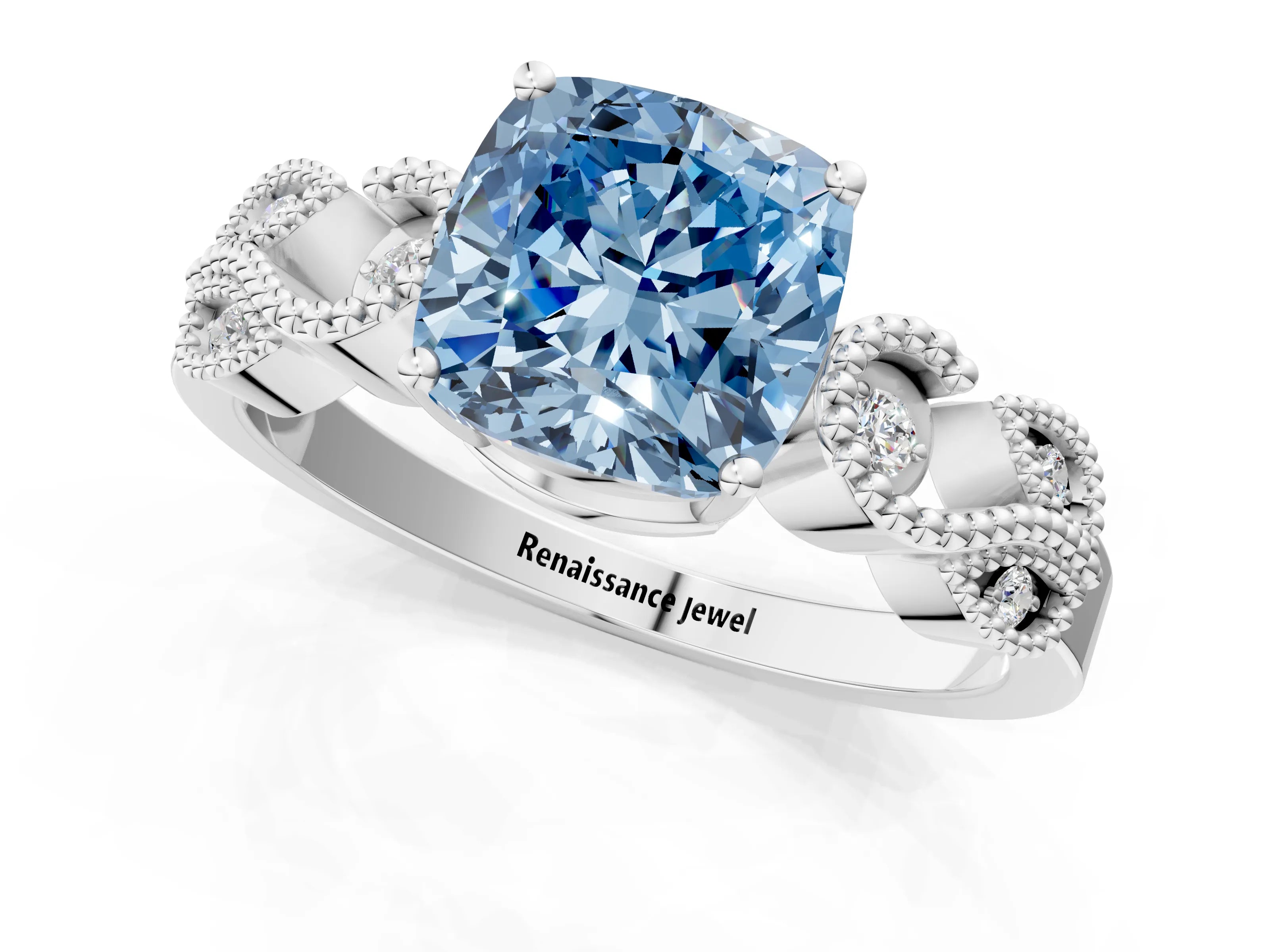 White gold Fancy Blue Cushion Cut Solitaire Milgrain Leaf Band with Prong Setting_1