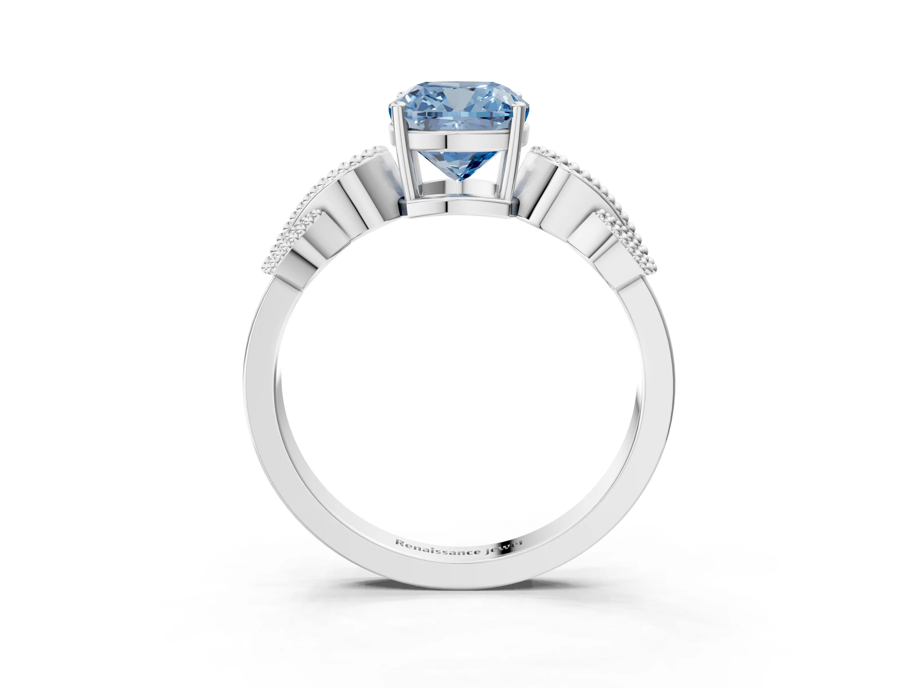 White gold Fancy Blue Cushion Cut Solitaire Milgrain Leaf Band with Prong Setting_3
