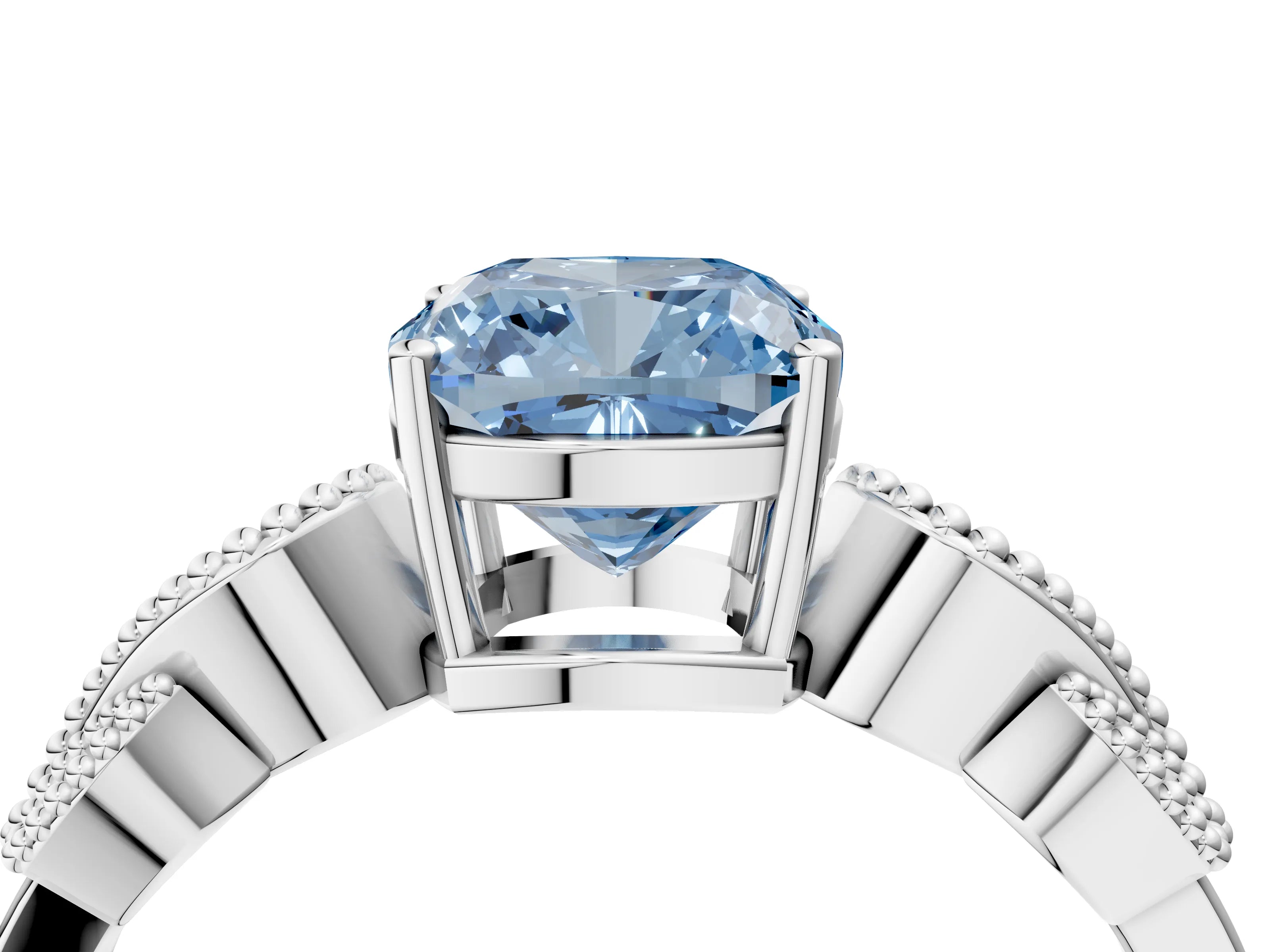 White gold Fancy Blue Cushion Cut Solitaire Milgrain Leaf Band with Prong Setting_4