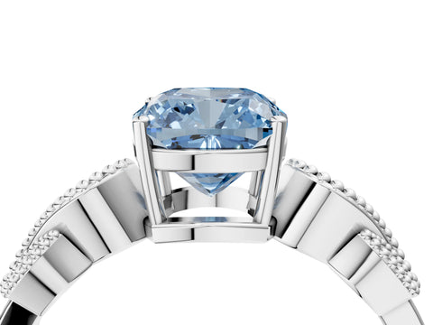 White gold Fancy Blue Cushion Cut Solitaire Milgrain Leaf Band with Prong Setting_4