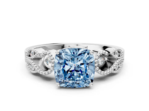 White gold Fancy Blue Cushion Cut Solitaire Milgrain Leaf Band with Prong Setting