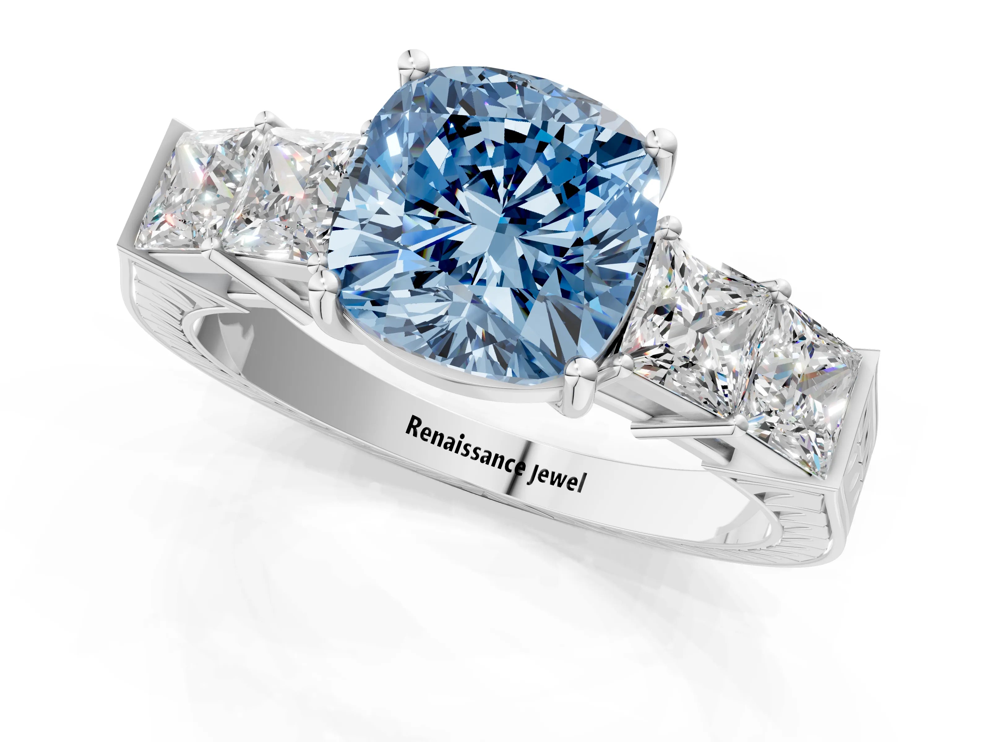 White gold Fancy Blue Cushion Cut Solitaire Princess Side Stone Engraved Band Prong Setting Ring_1