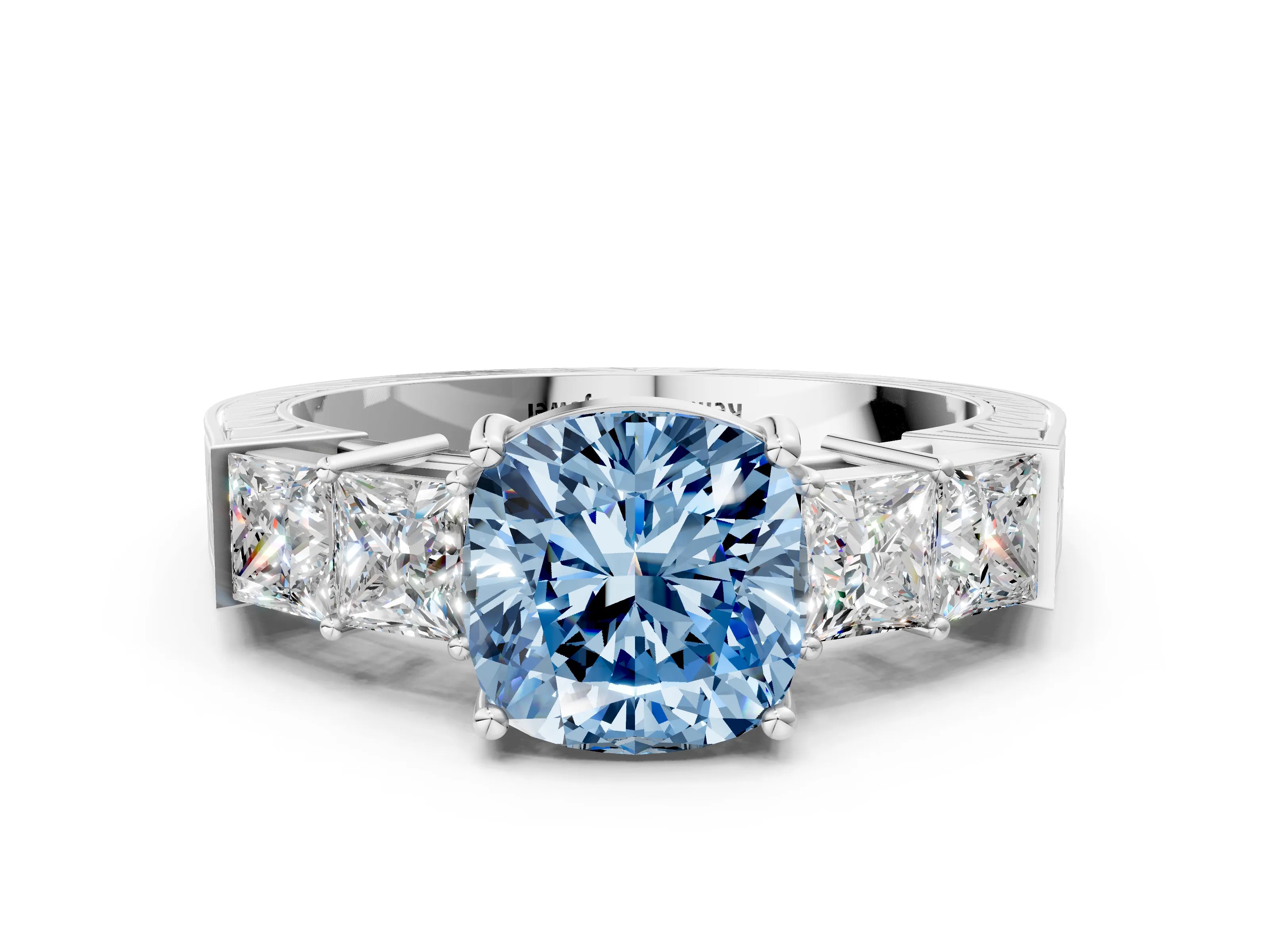 White gold Fancy Blue Cushion Cut Solitaire Princess Side Stone Engraved Band Prong Setting Ring_12