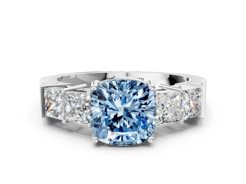 White gold Fancy Blue Cushion Cut Solitaire Princess Side Stone Engraved Band Prong Setting Ring_12