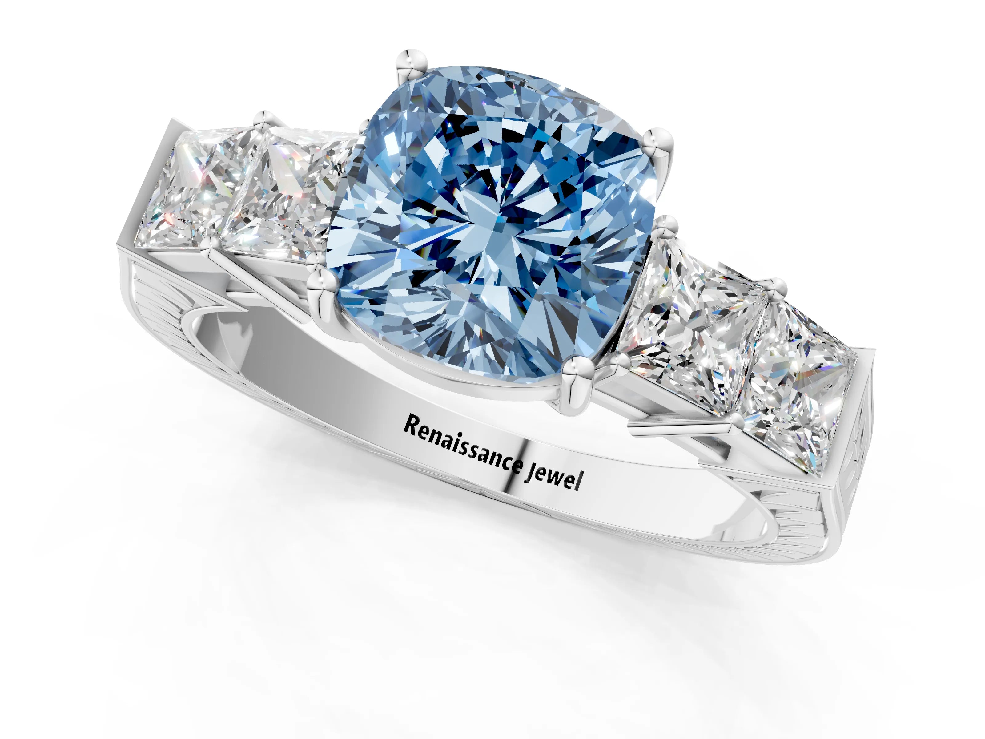 White gold Fancy Blue Cushion Cut Solitaire Princess Side Stone Engraved Band Prong Setting Ring_13