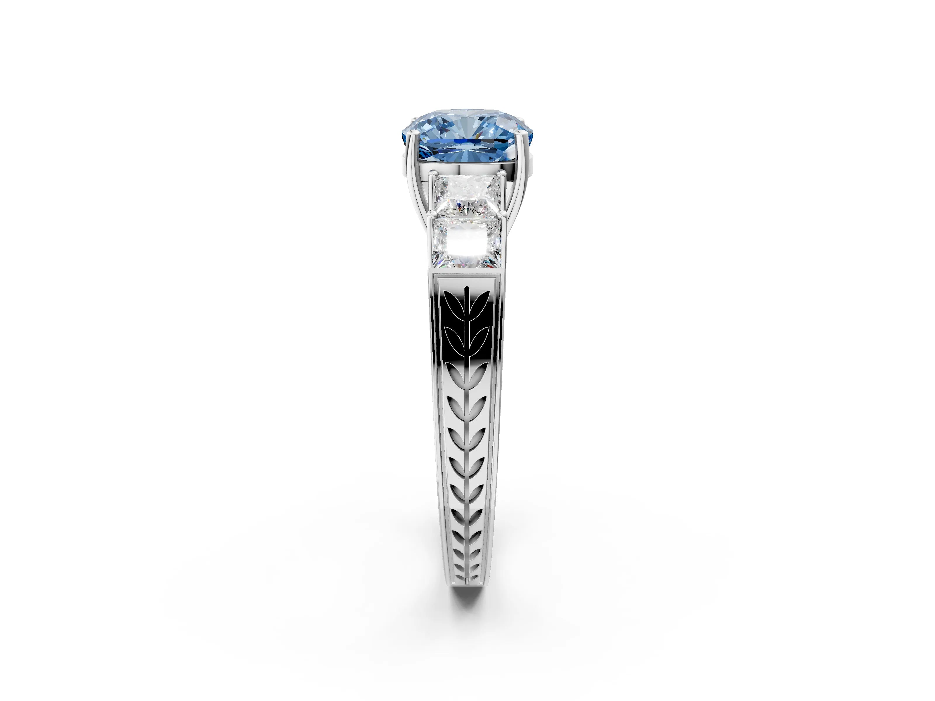 White gold Fancy Blue Cushion Cut Solitaire Princess Side Stone Engraved Band Prong Setting Ring_14