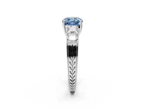 White gold Fancy Blue Cushion Cut Solitaire Princess Side Stone Engraved Band Prong Setting Ring_14