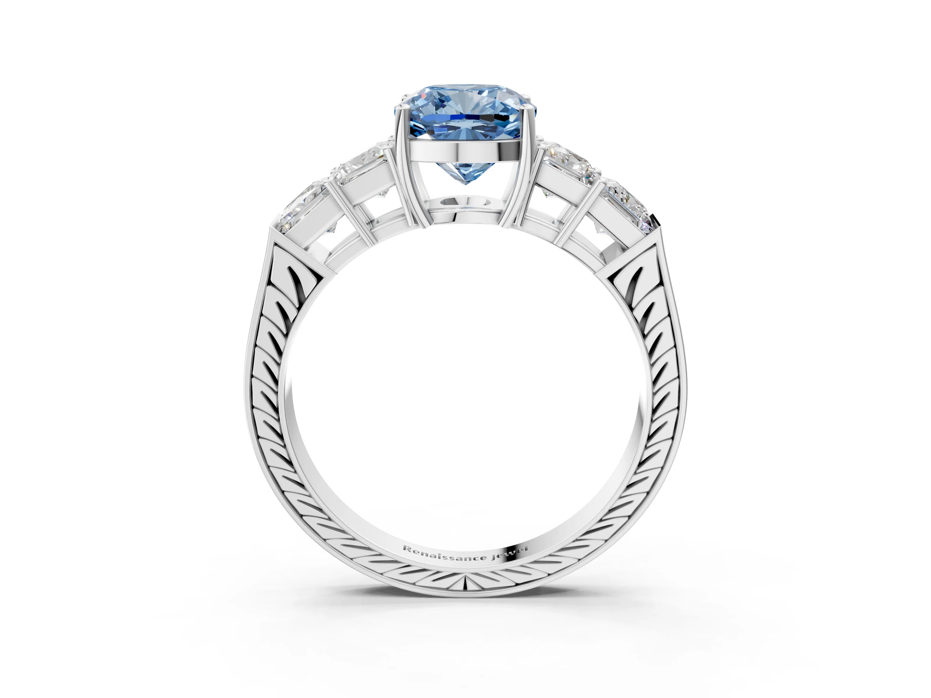 White gold Fancy Blue Cushion Cut Solitaire Princess Side Stone Engraved Band Prong Setting Ring_15