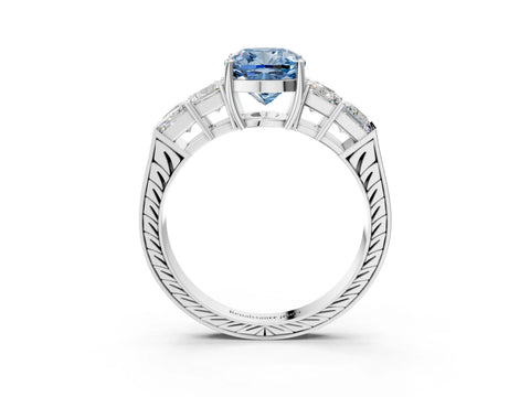 White gold Fancy Blue Cushion Cut Solitaire Princess Side Stone Engraved Band Prong Setting Ring_15