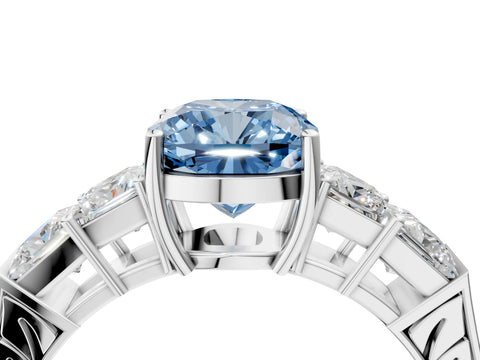 White gold Fancy Blue Cushion Cut Solitaire Princess Side Stone Engraved Band Prong Setting Ring_16