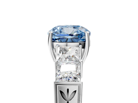 White gold Fancy Blue Cushion Cut Solitaire Princess Side Stone Engraved Band Prong Setting Ring_17