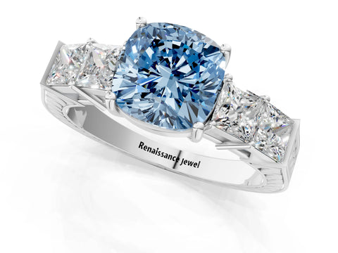 White gold Fancy Blue Cushion Cut Solitaire Princess Side Stone Engraved Band Prong Setting Ring_1