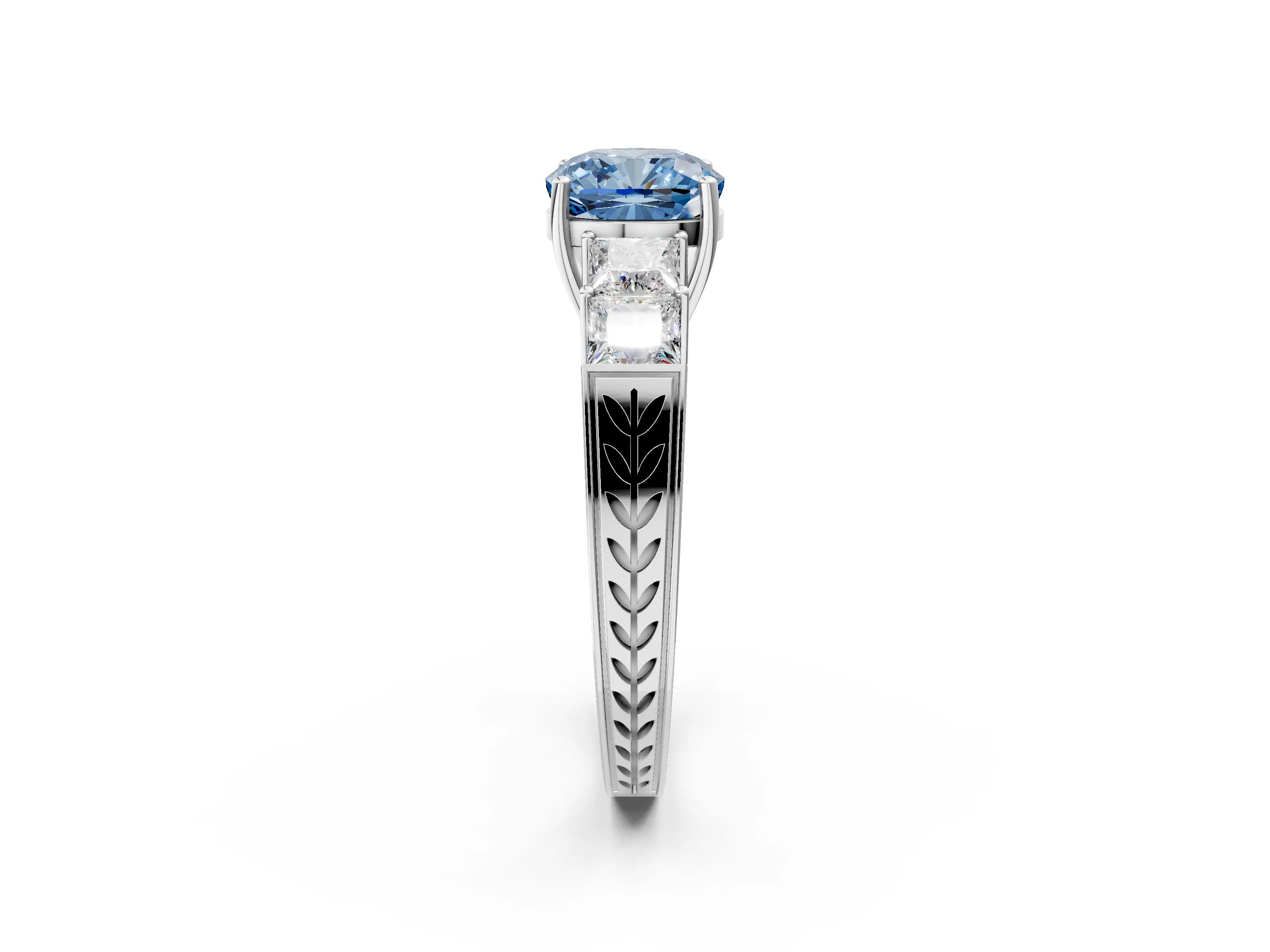 White gold Fancy Blue Cushion Cut Solitaire Princess Side Stone Engraved Band Prong Setting Ring_2