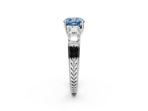 White gold Fancy Blue Cushion Cut Solitaire Princess Side Stone Engraved Band Prong Setting Ring_2