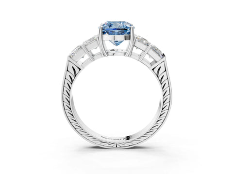 White gold Fancy Blue Cushion Cut Solitaire Princess Side Stone Engraved Band Prong Setting Ring_3