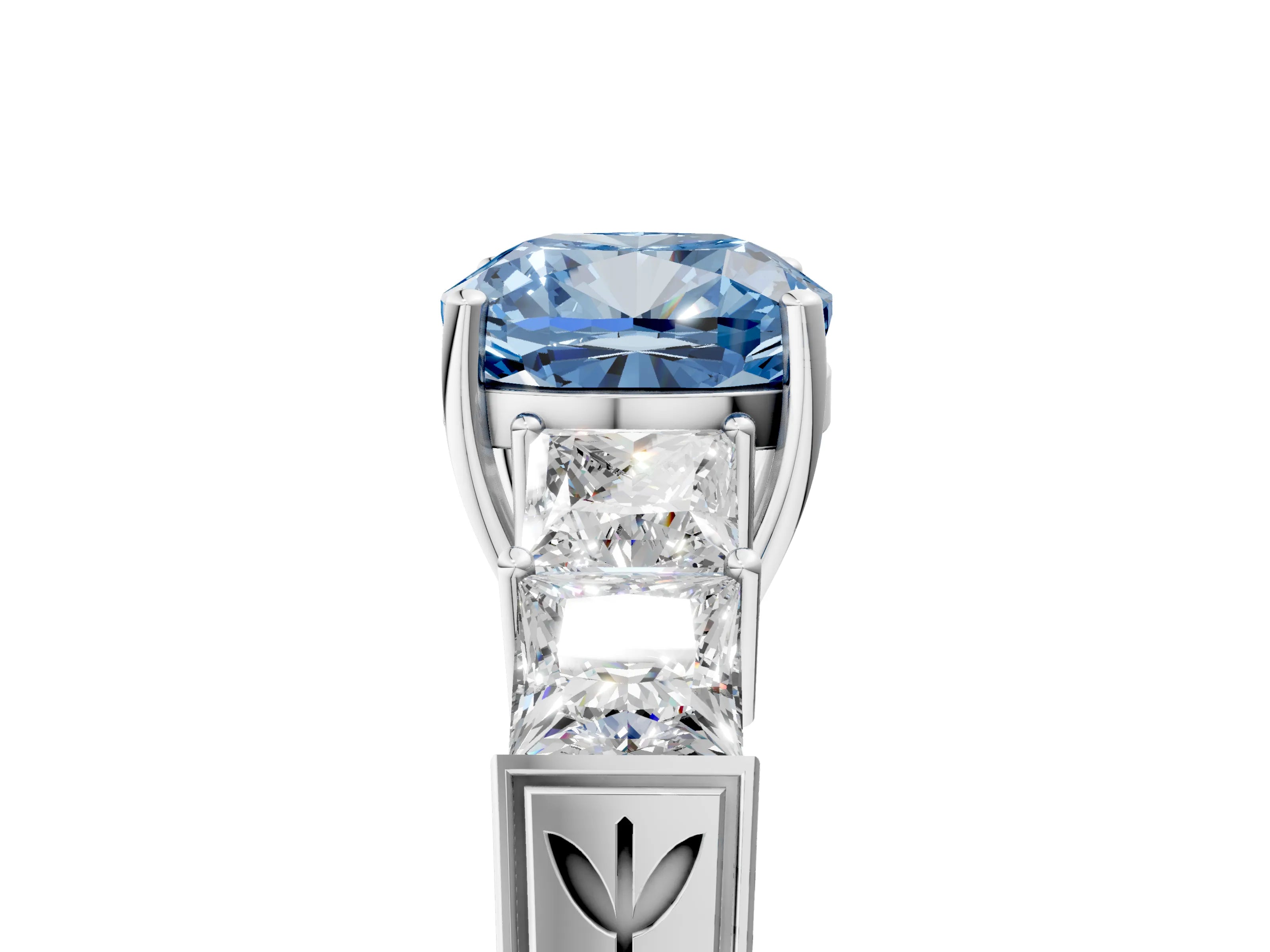 White gold Fancy Blue Cushion Cut Solitaire Princess Side Stone Engraved Band Prong Setting Ring_5